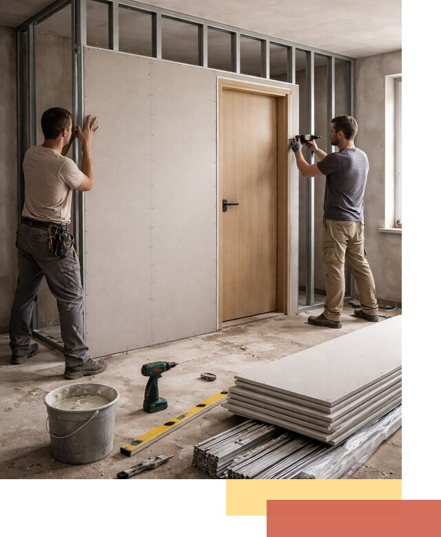 Перегородка из гипсокартона с дверью под ключ в Орске