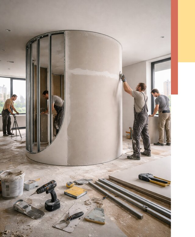 Радиусная перегородка из гипсокартона в Орске от 2999 руб. под ключ | ОТДЕЛОЧНИК-Рск