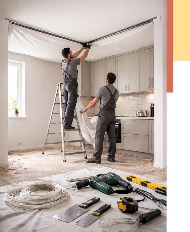 Установка натяжного потолка на кухне в Орске от 2482 руб. | ОТДЕЛОЧНИК-Рск