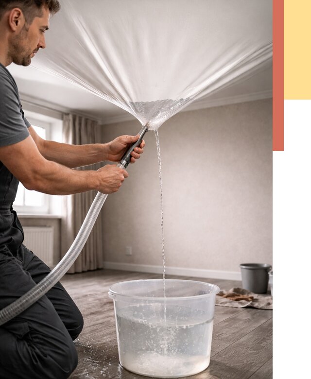 Слив воды с натяжного потолка в Орске от 2585 руб. быстро и недорого | ОТДЕЛОЧНИК-Рск