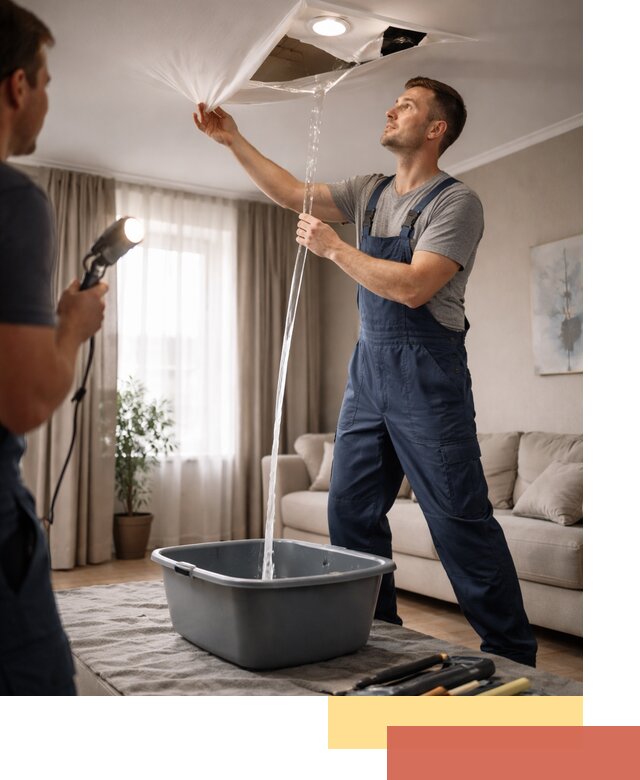 Слив воды с натяжного потолка в Орске быстро и аккуратно