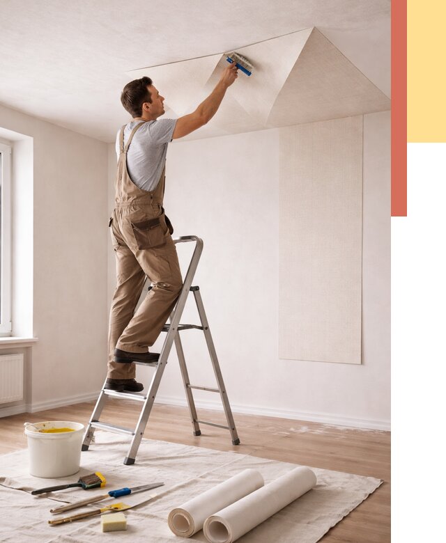 Поклейка обоев на потолок в Орске от 4653 руб. быстро и недорого | ОТДЕЛОЧНИК-Рск